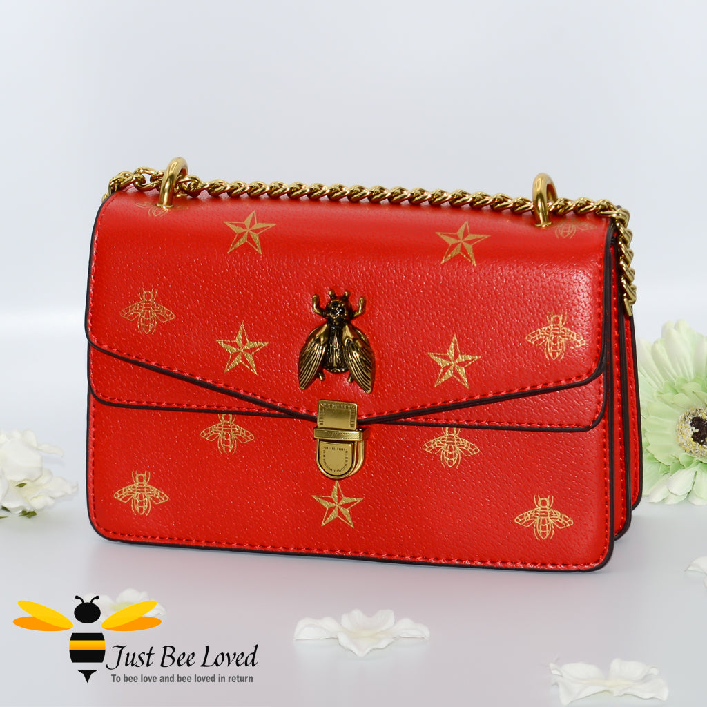 Just Bee Loved Luxury Bees and Stars print Handbag PU Leather with gold chain strap in colours of red and gold stars