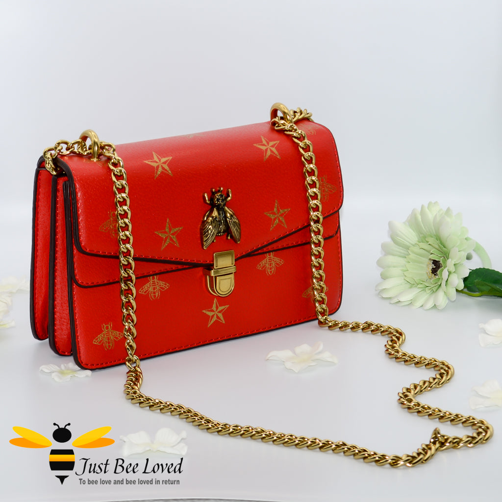 Just Bee Loved Luxury Bees and Stars print Handbag PU Leather with gold chain strap in colours of red and gold stars