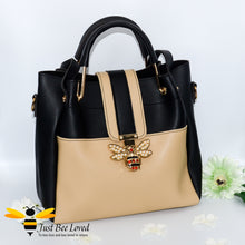 Load image into Gallery viewer, Just Bee Loved Bee Buckle Large Shoulder bag PU Leather Handbag in contrasting colours of beige and black