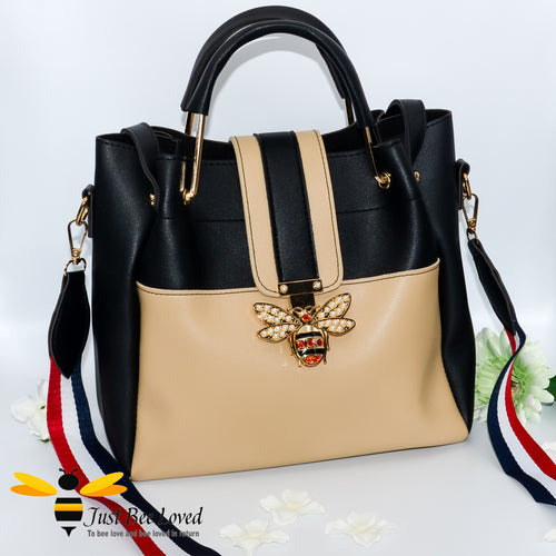 Just Bee Loved Bee Buckle Large Shoulder bag PU Leather Handbag in contrasting colours of beige and black