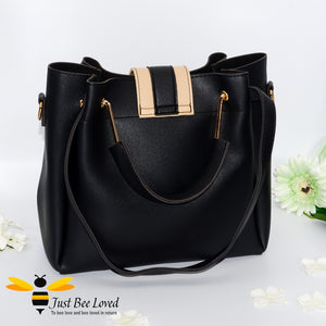 Just Bee Loved Bee Buckle Large Shoulder bag PU Leather Handbag in contrasting colours of beige and black