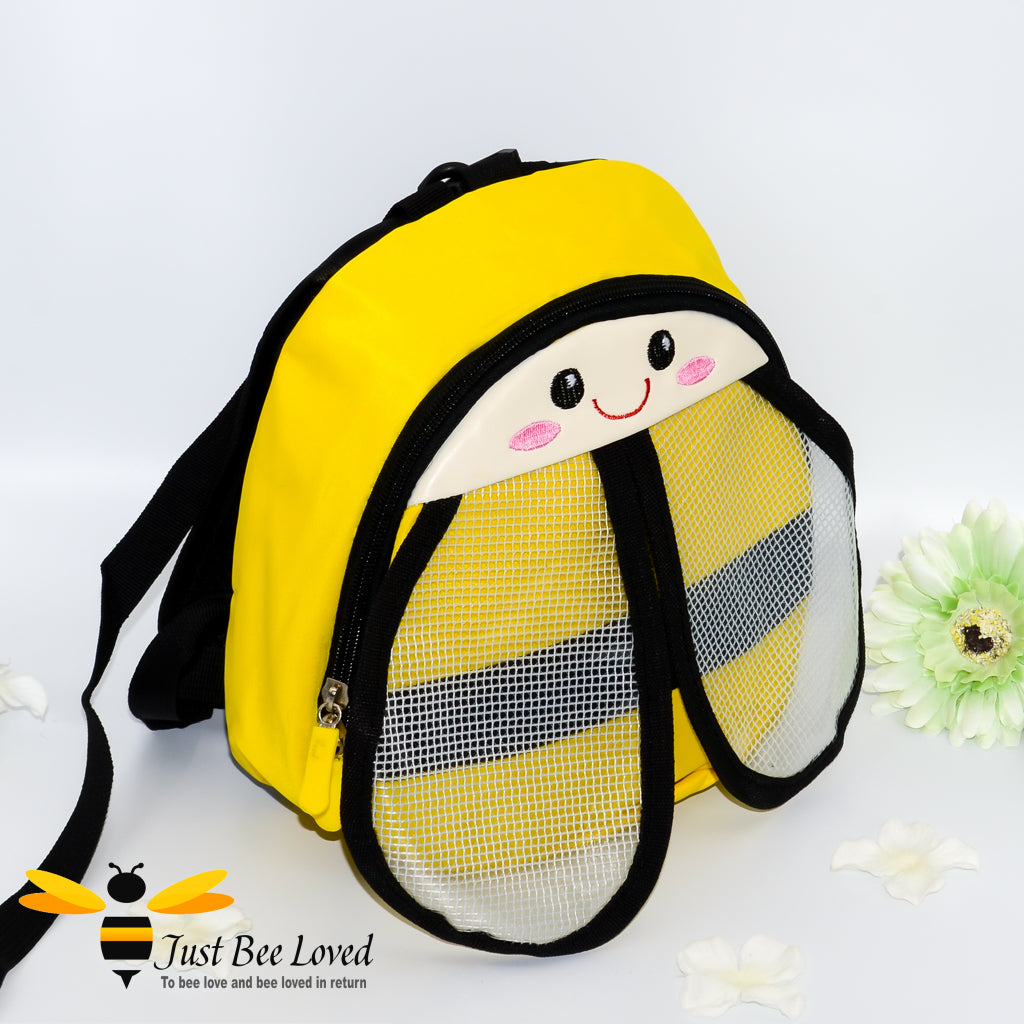 Just Bee Loved Children's Safety Harness Backpacks in the style of bumble bees four colours pink red blue and yellow