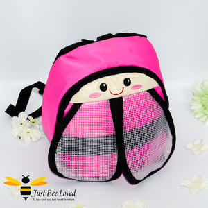 Just Bee Loved Children's Safety Harness Backpacks in the style of bumble bees four colours pink red blue and yellow