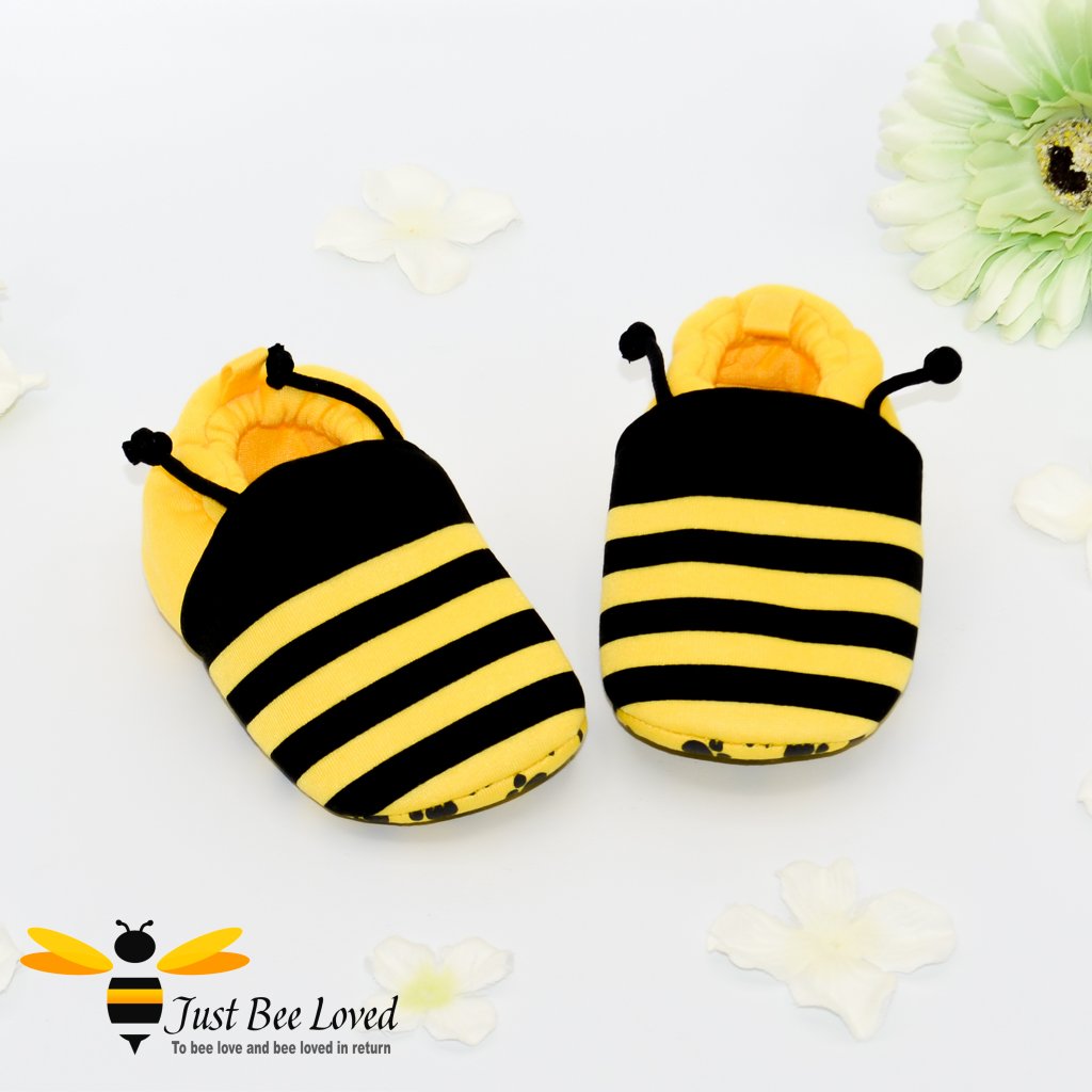 Baby's first bee booties in black and yellow with antennae