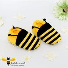 Load image into Gallery viewer, Baby&#39;s first bee booties in black and yellow with antennae