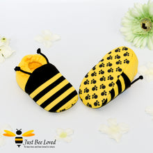 Load image into Gallery viewer, Baby&#39;s first bee booties in black and yellow with antennae