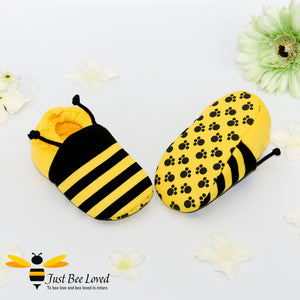 Baby's first bee booties in black and yellow with antennae