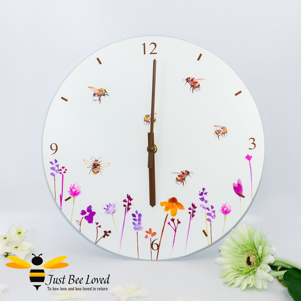 Glass Wall Clock featuring watercolour design of bumblebees in a field of flowers from the Jennifer Rose Busy Bees Leonardo Collection
