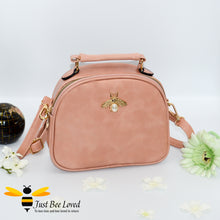 Load image into Gallery viewer, Just Bee Loved PU Leather Crossbody Handbags with gold bee and pearl embellishment in pink colour