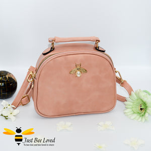 Just Bee Loved PU Leather Crossbody Handbags with gold bee and pearl embellishment in pink colour