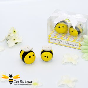 Cute bumble bees salt and pepper condiment shaker set  in gift box with message "mommy and me, sweet as can bee"