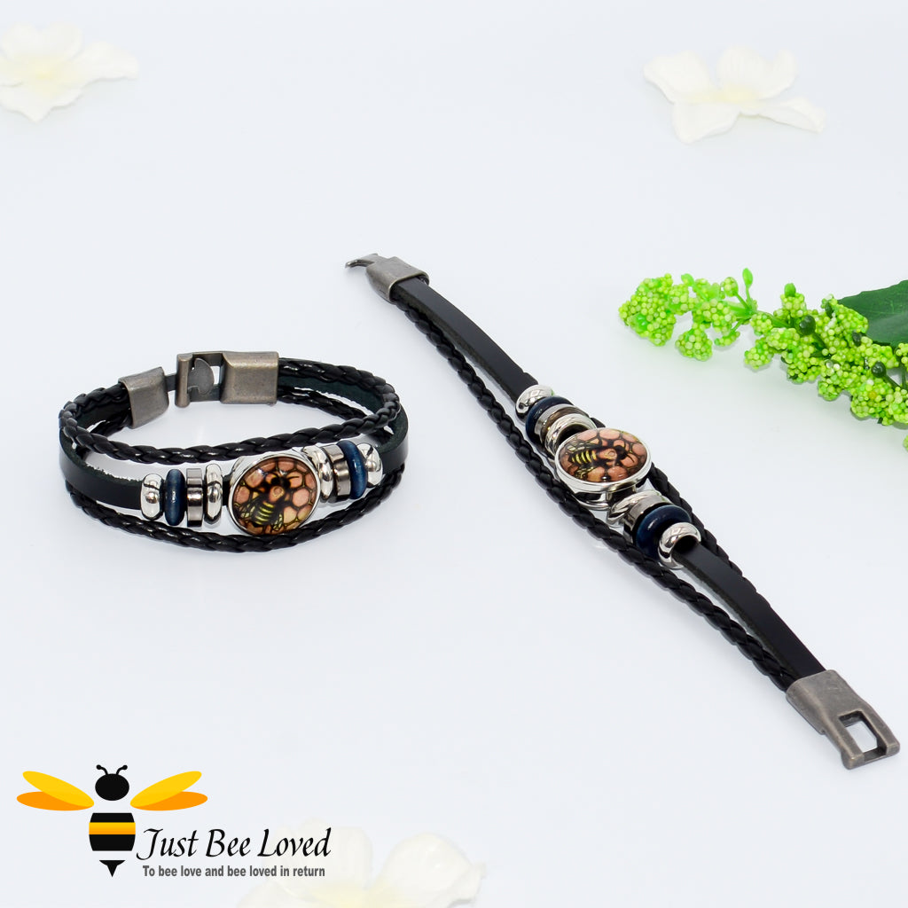 Men's Braided Tribal Leather Honeycomb Bee & beads Bracelet 