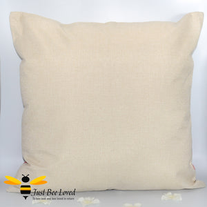 Large scatter cushion featuring a classic design of a golden bee amongst beautiful navy colour calligraphy and the joyful message "Bee Happy" in creamy beige colour.