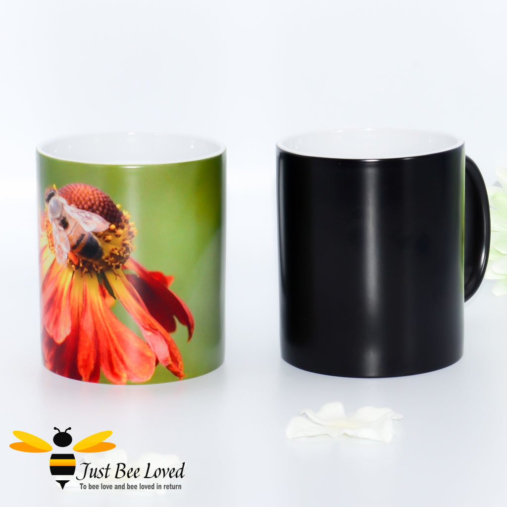 Just Bee Loved Magic Mug featuring a honey bee foraging on helenium flowers photographic image by landscape and nature photographer Yasmin Flemming
