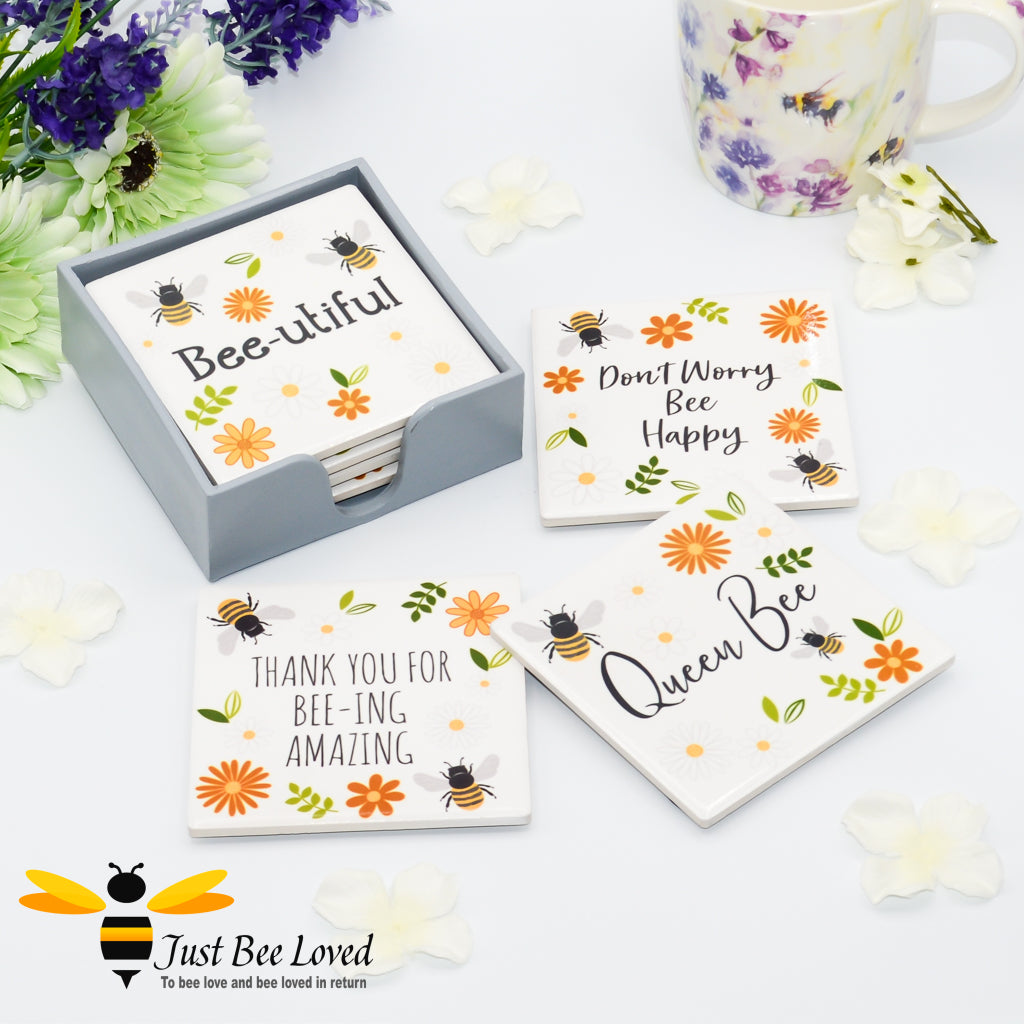 Ceramic Bees and Daisies Coaster Set of Four with messages "bee-utiful" "don't worry bee happy" "queen bee" "thank you for bee-ing amazing" 