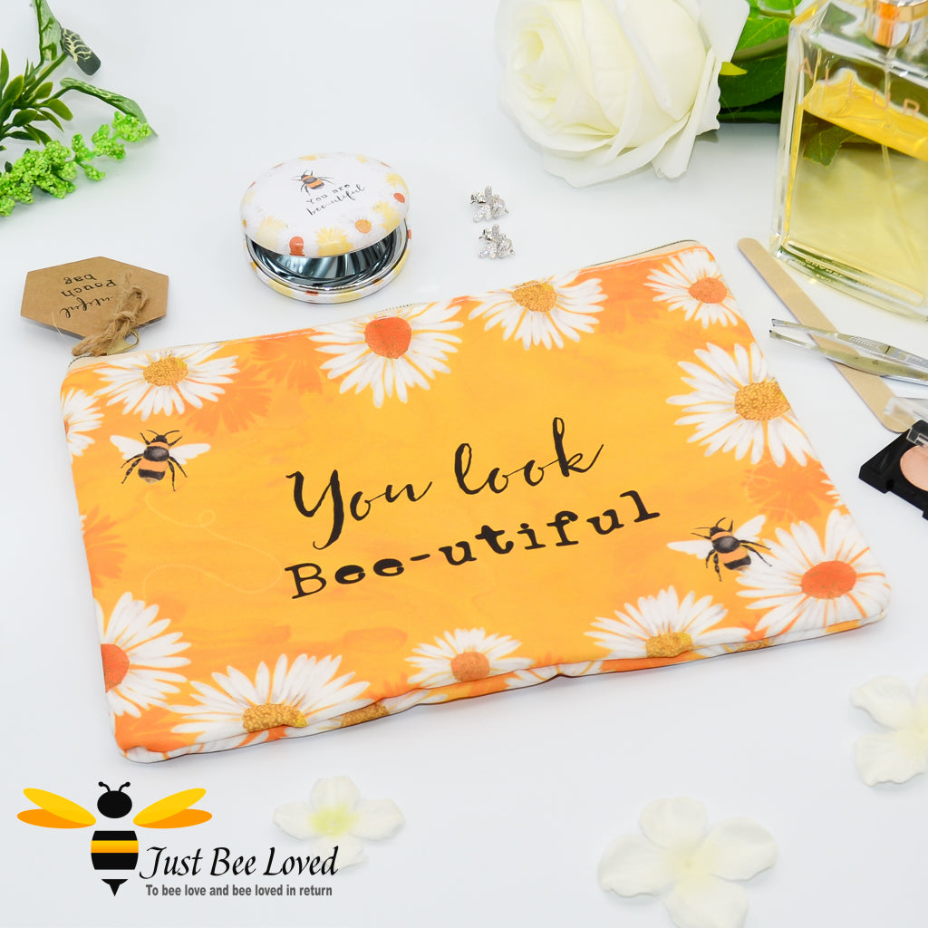 "You look Bee-utiful" Bumblebees and daisies makeup toiletries travel bag
