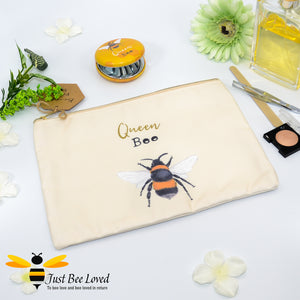 Queen Bee Makeup Toiletries Bag Pouch featuring design of a bumble bee with the message "Queen Bee" in cream colour
