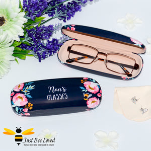 "Nan's Glasses" Bumblebee and flowers navy coloured hard glasses case with cleaning cloth