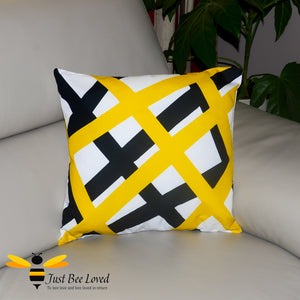 Black and yellow with white crisscross abstract pattern pillow scatter cushion bee inspired