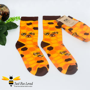 Shared Earth Collection Save our bees novelty socks made from bamboo. Hypo-allergenic and antibacterial. Gifts for men at Just Bee Loved