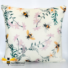 Load image into Gallery viewer, Soft and luxurious to the touch, large scatter cushion featuring embroidered like design image of flying bumblebees and flowers in cream