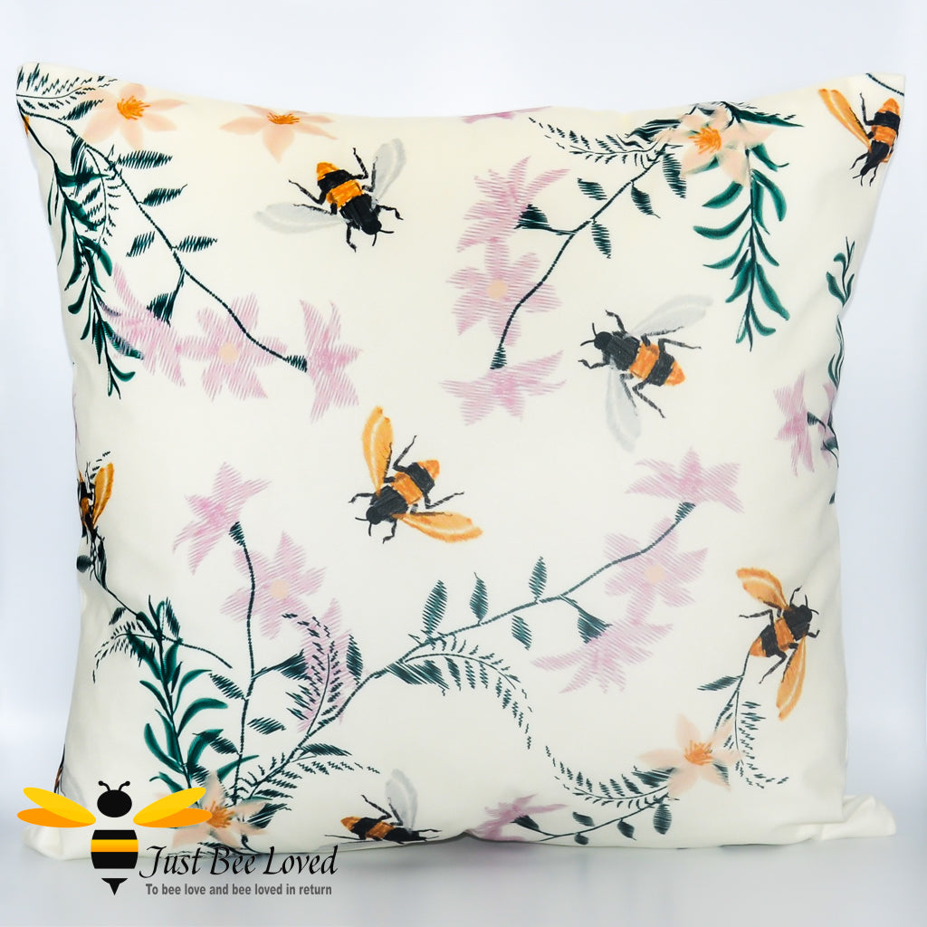 Soft and luxurious to the touch, large scatter cushion featuring embroidered like design image of flying bumblebees and flowers in cream