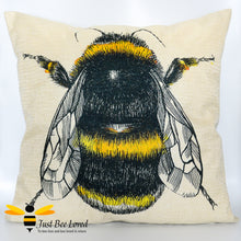 Load image into Gallery viewer, Large linen scatter cushion featuring a colourful sketch of a bumblebee against natural cream background