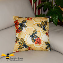 Load image into Gallery viewer, Scatter cushion featuring honey bees and poppies with a honeycomb background