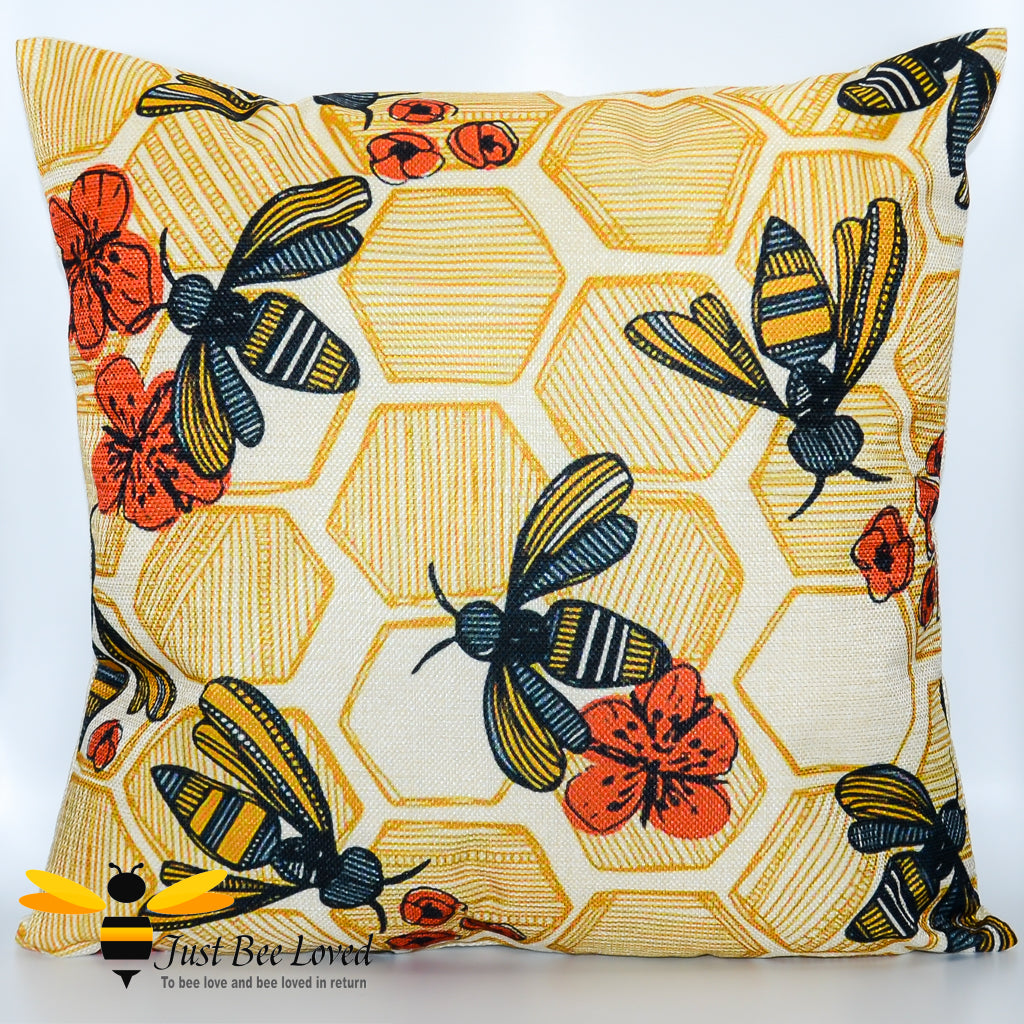 Scatter cushion featuring honey bees and poppies with a honeycomb hexagonal background