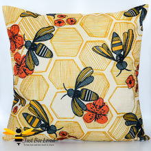 Load image into Gallery viewer, Scatter cushion featuring honey bees and poppies with a honeycomb background