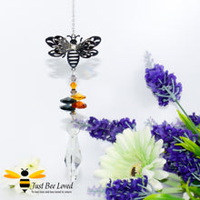 Load image into Gallery viewer, Handmade 3D Bee Suncatcher with colourful crystals and large oval drop crystal suncatcher pendant