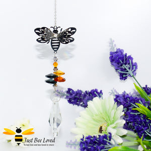 Handmade 3D Bee Suncatcher with colourful crystals and large oval drop crystal suncatcher pendant