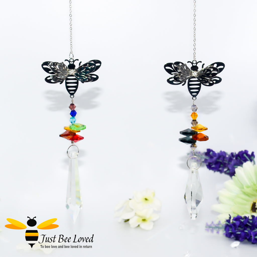 Handmade 3D Bee Suncatchers with colourful crystals and large teardrop crystal.