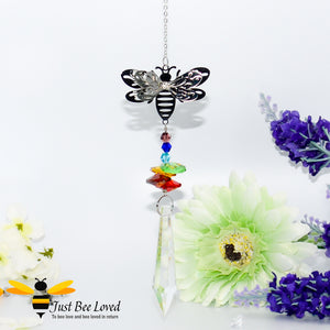Handmade 3D Bee Suncatcher with colourful crystals and large icicle drop crystal suncatcher pendant