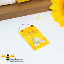 Load image into Gallery viewer, Sentimental wooden mini sign card with bee related message &quot;You are the bees knees&quot; and designs