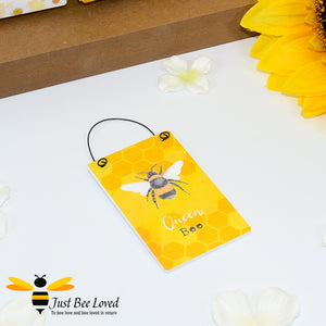 Sentimental wooden mini sign card with bee related message "Queen Bee" and design