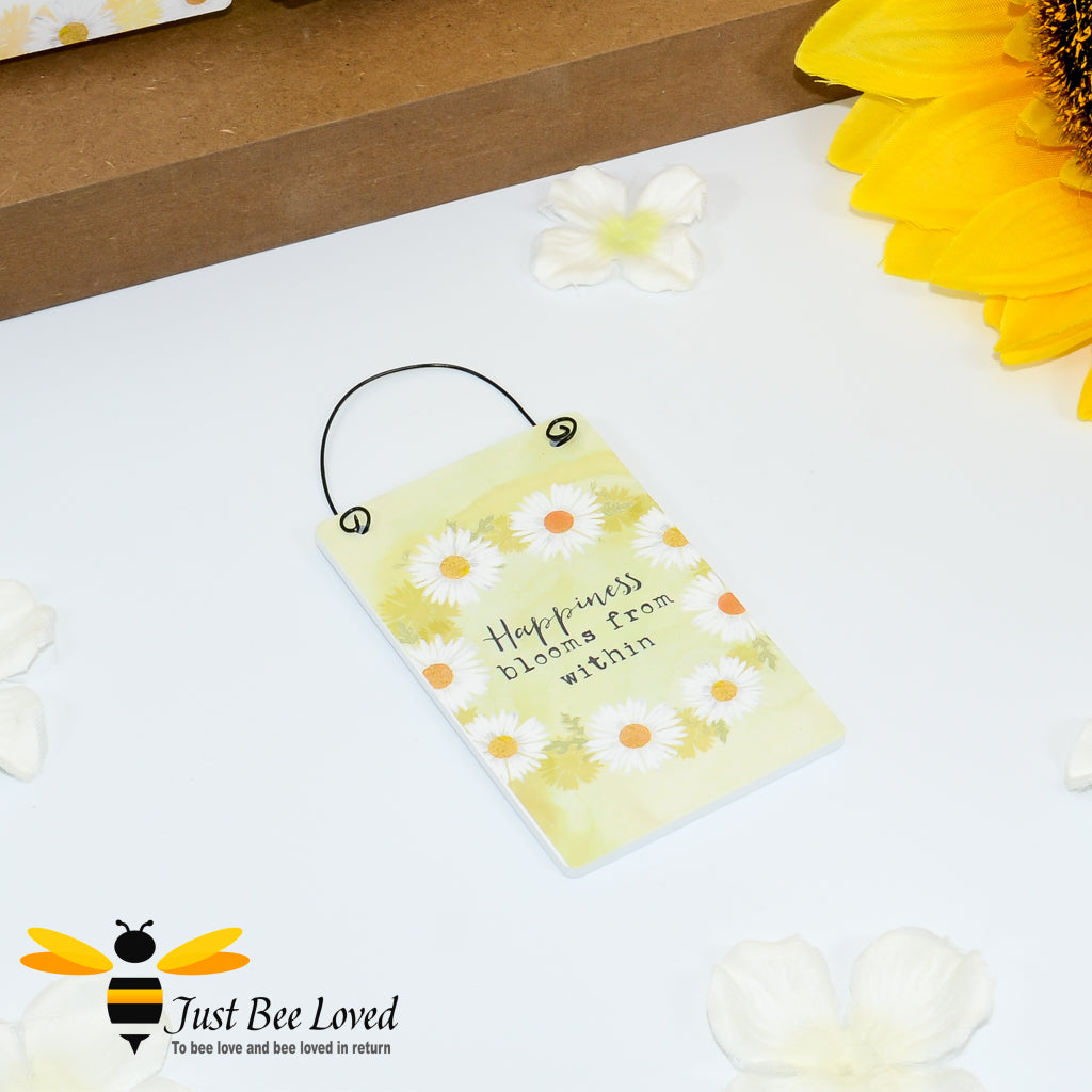 Sentimental wooden mini sign card with bee related message 'Happiness Blooms from Within'.