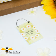 Load image into Gallery viewer, Sentimental wooden mini sign card with bee related message &quot;Happiness Blooms from Within&quot; and design