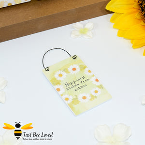 Sentimental wooden mini sign card with bee related message "Happiness Blooms from Within" and design