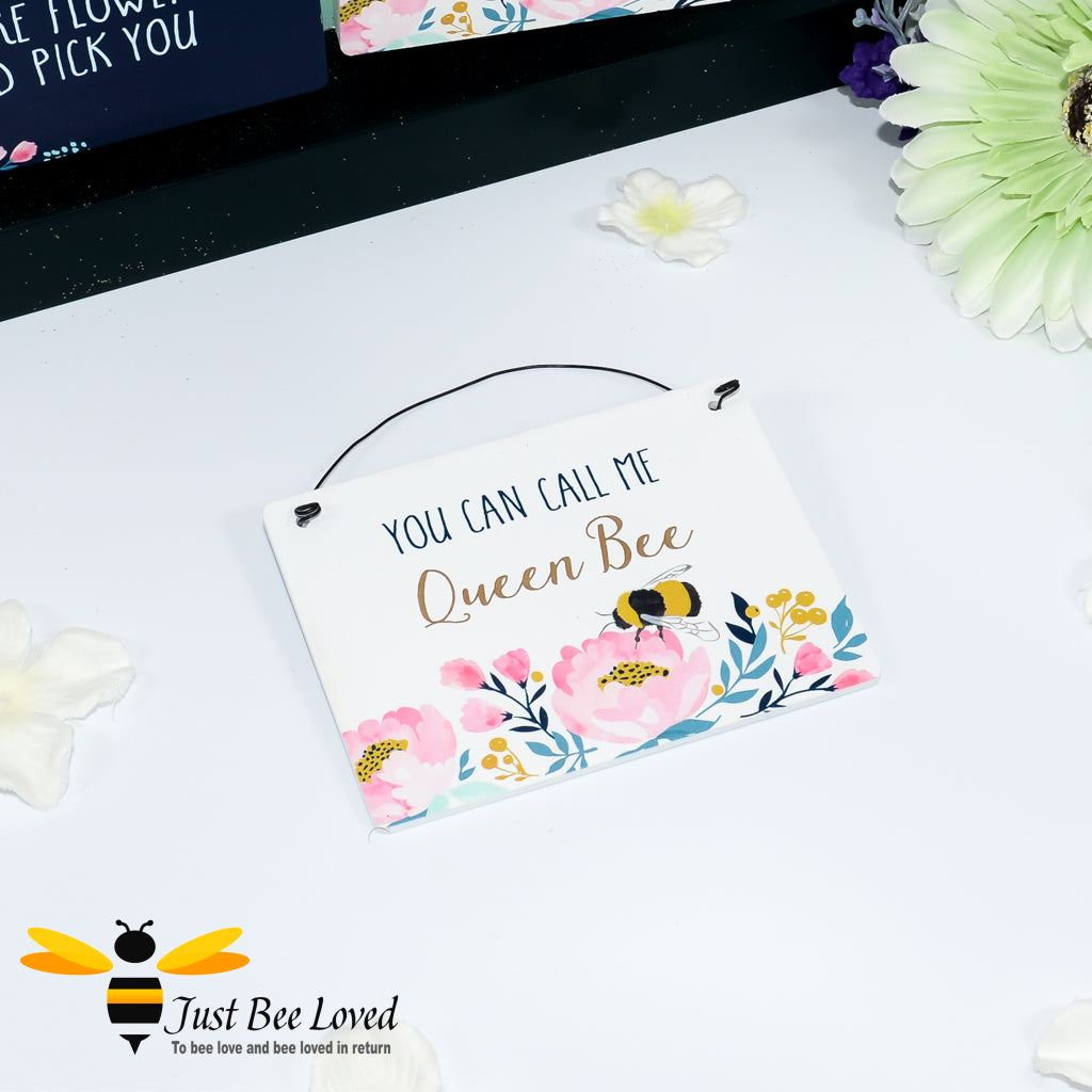 wooden mini hanging plaque with a bee themed message 'you can call me queen bee'