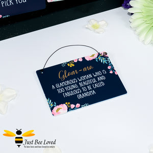 Sentimental wooden mini sign card with bee related message "Glam-ma, too beautiful and fabulous to be called grandma" and bee and flowers design