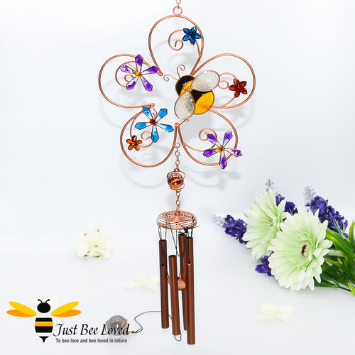 Hand crafted bronze coloured metal and glass resin bumblebee and flower wind chime and suncatcher