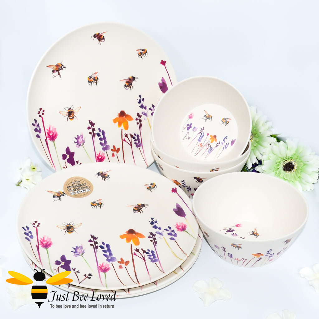 Jennifer Rose Busy Bees Eco Friendly Bamboo Dinner Plates and bowls 8 piece Set from the Leonardo Collection