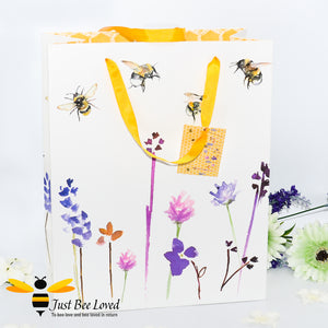 Large Gift bag from the Jennifer Rose Leonardo collection featuring a watercolour design of bumblebees in a field of flowers