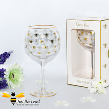 Load image into Gallery viewer, Gift boxed tall balloon stemmed gin glass with golden bees and gold rim from the Leonardo Queen Bee collection.