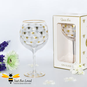 Gift boxed tall balloon stemmed gin glass with golden bees and gold rim from the Leonardo Queen Bee collection.