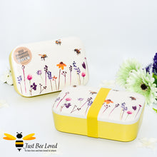 Load image into Gallery viewer, Bento bamboo eco friendly lunch box from the Jennifer Rose Busy Bees Collection from Leonardo.  Featuring a design of flying bumblebees in a field of flowers.