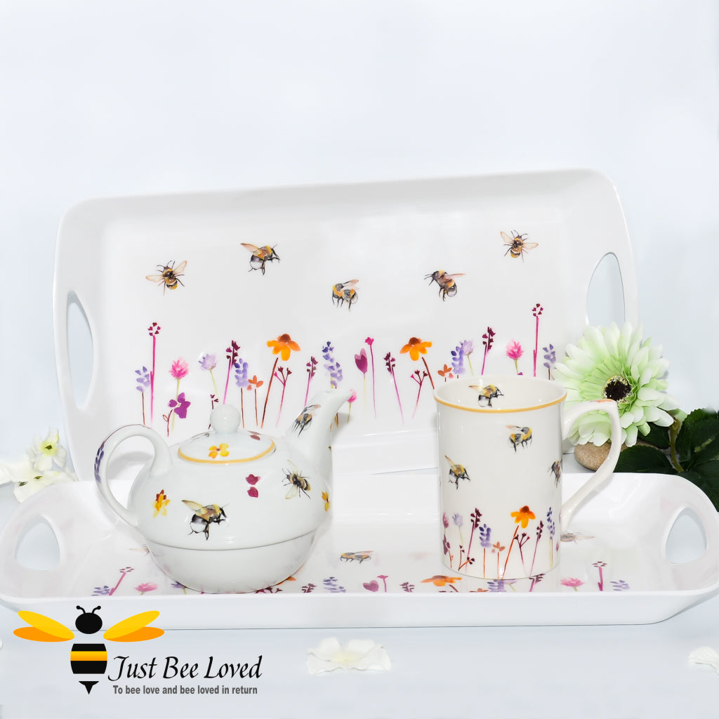 Jennifer Rose Busy Bees white serving tray featuring foraging bees