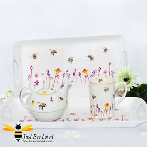 Jennifer Rose Busy Bees white serving tray featuring a watercolour design of bumblebees flying in a field of flowers, from the Leonardo Collection