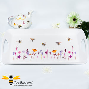 Jennifer Rose Busy Bees white serving tray featuring a watercolour design of bumblebees flying in a field of flowers, from the Leonardo Collection